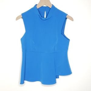 Milly Blouse Top Size 6 Blue Peplum Mock Neck USA Made in America Sleeveless